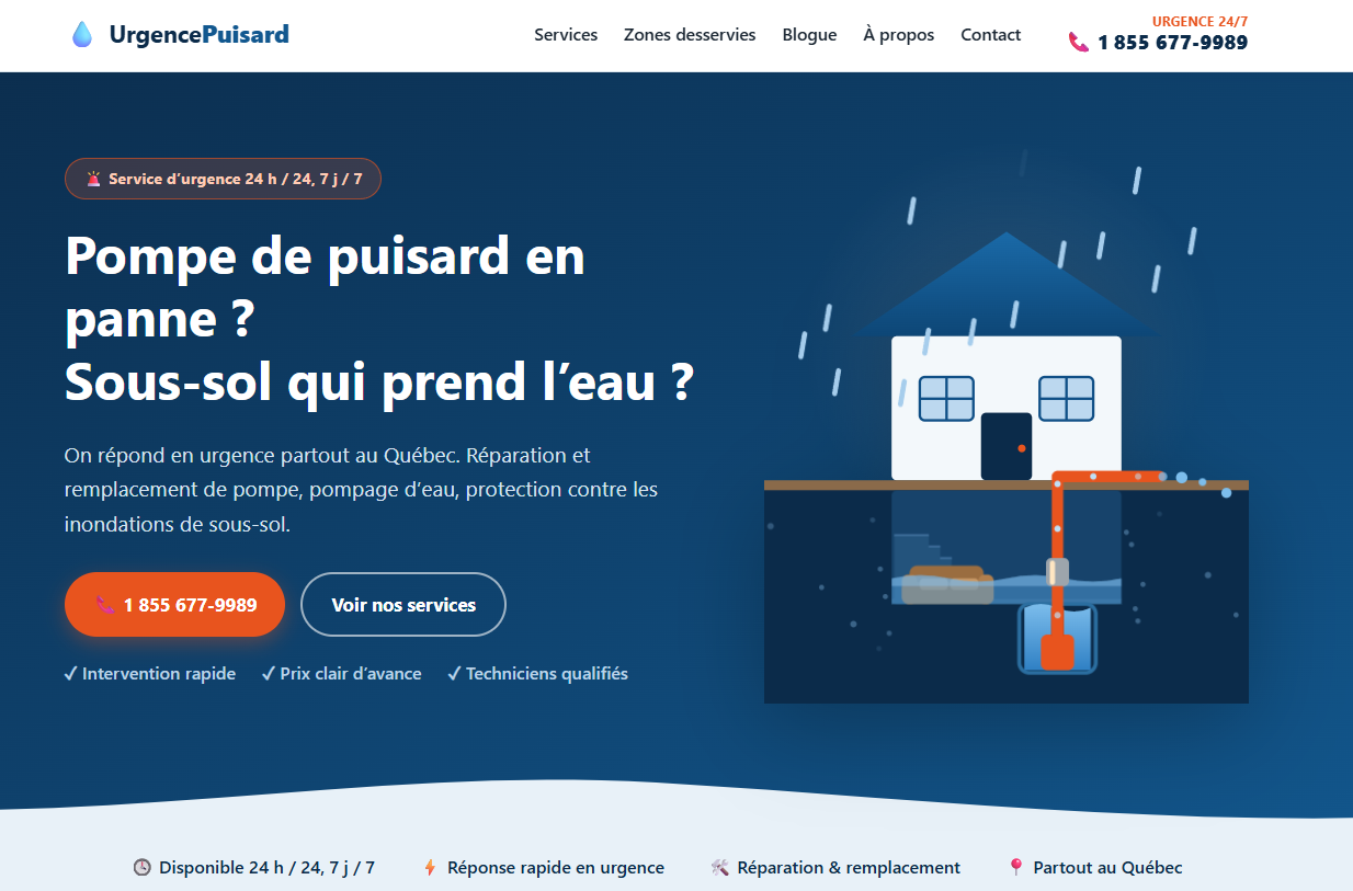 Aperçu du site urgencepuisard.ca — un site de génération de clients bâti et opéré par ProspectFlow